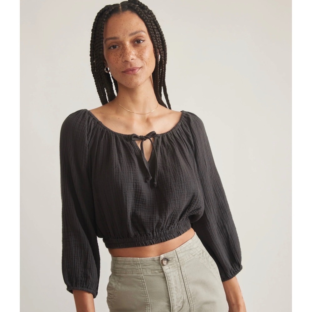 Marine Layer Tiana Gauze Crop Blouse Black Long Sleeve Tie Neck Bardot L $88 NWT